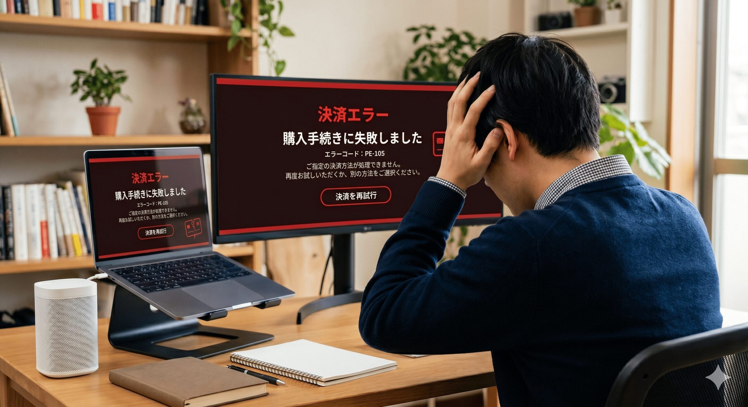 インドビザ公式サイトの決済エラー画面に頭を抱える様子