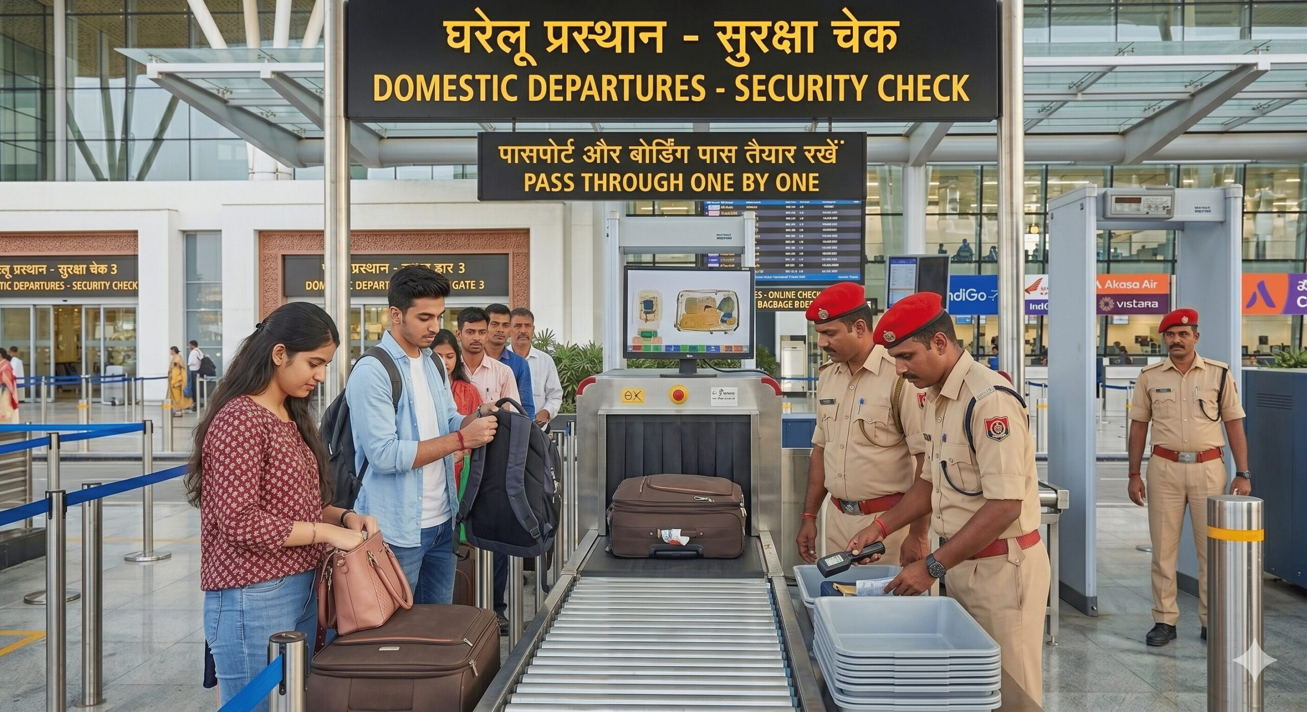 インドの空港セキュリティチェックでX線検査を受ける旅行者