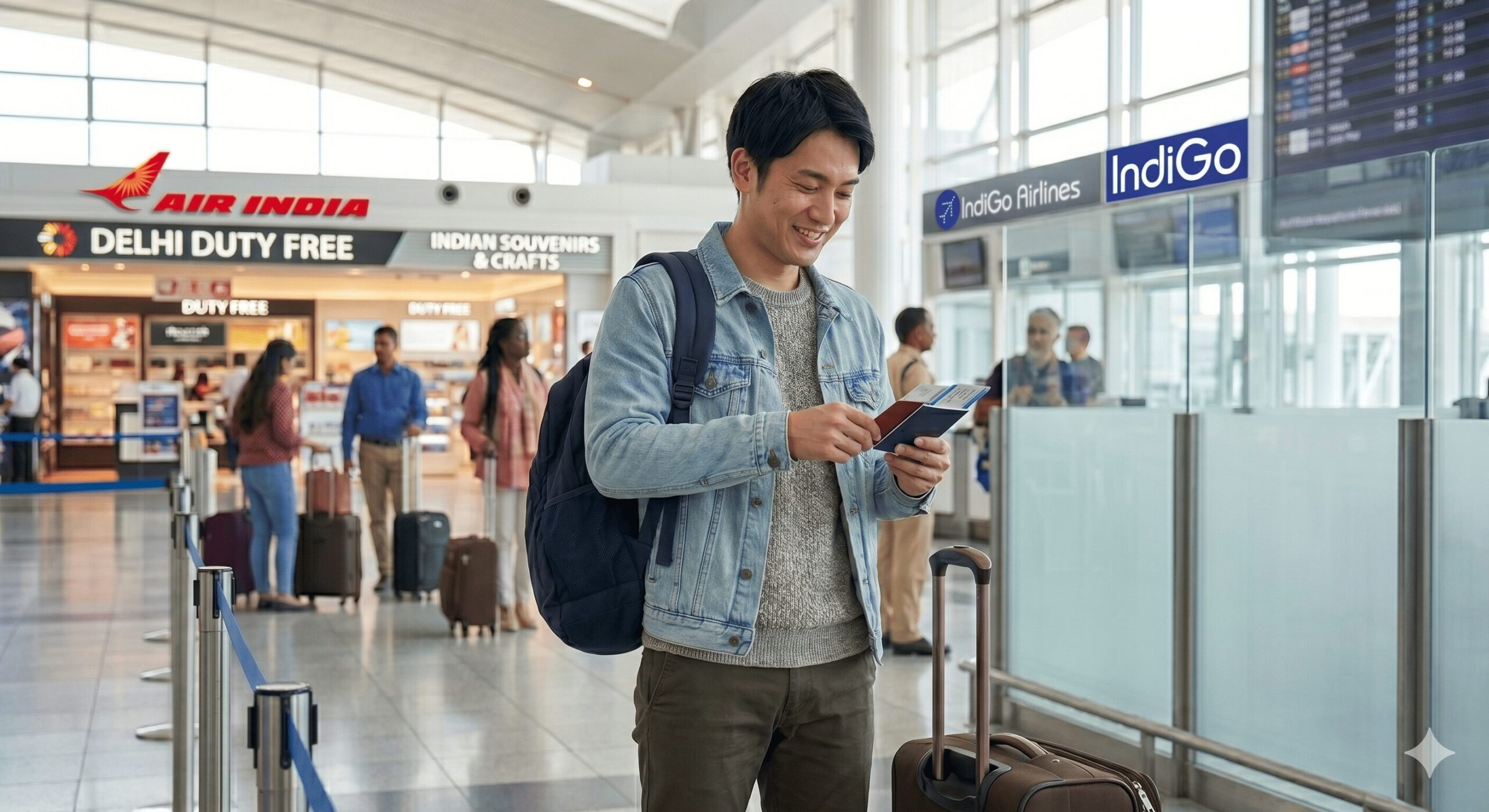 インドの空港でセキュリティチェックを終えてパスポートと搭乗券を手に安堵する旅行者