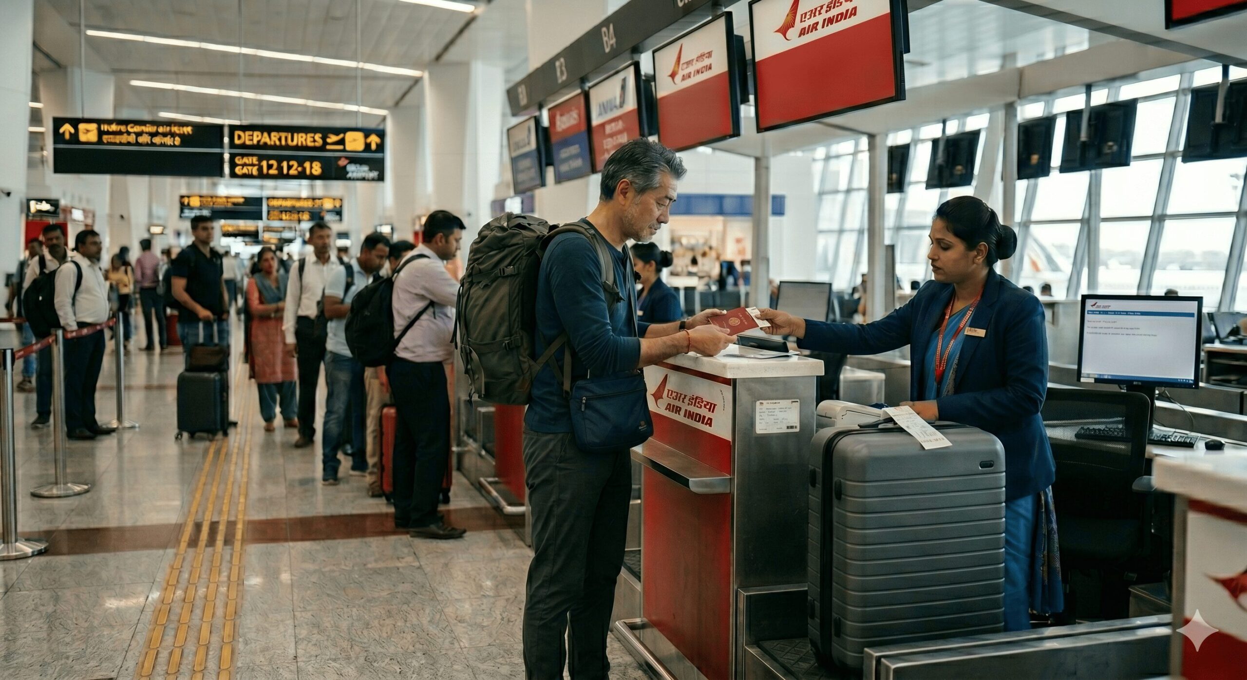 AIR INDIA のチェックインカウンターでキャリーバッグを預ける場面