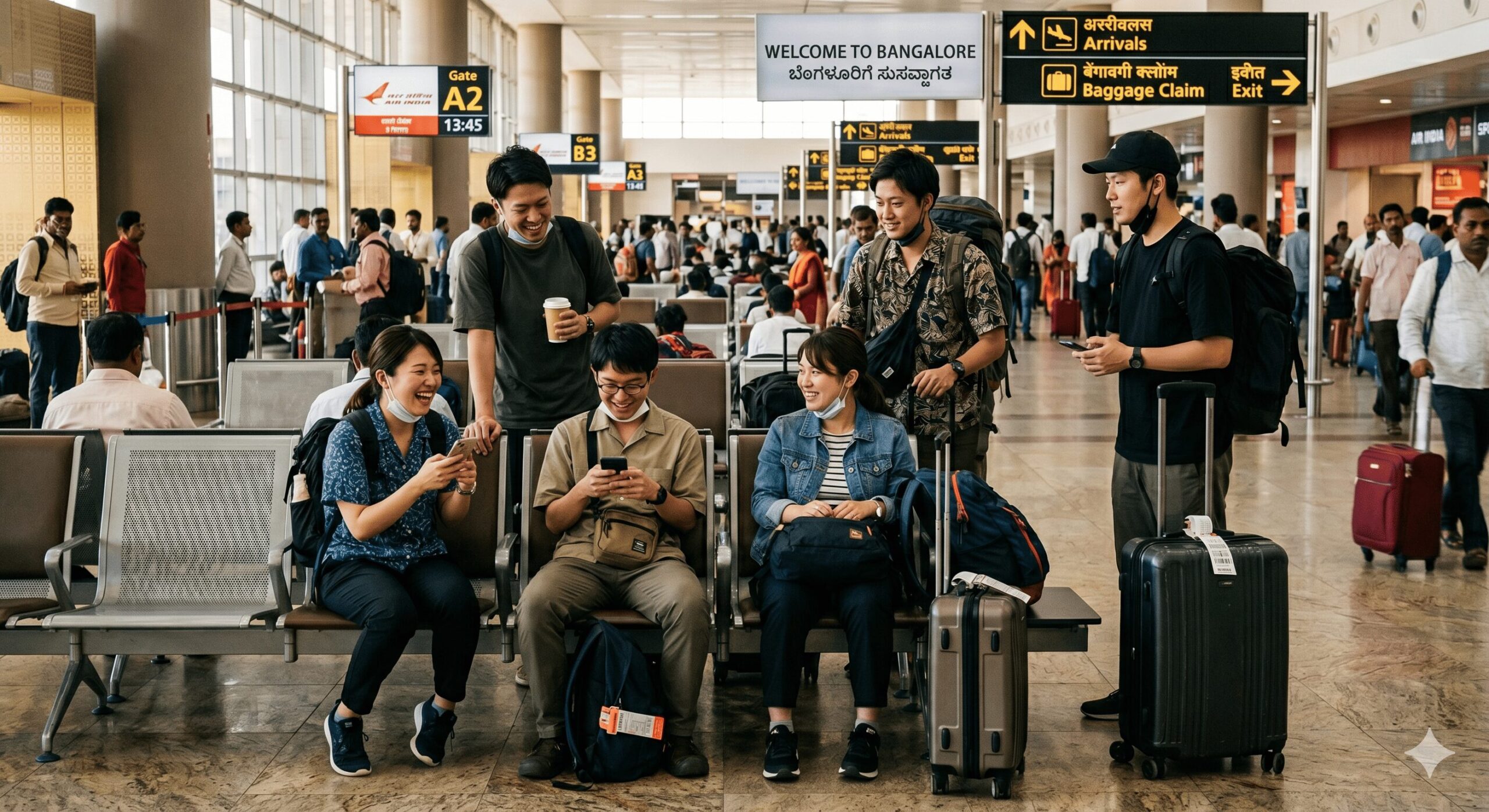 バンガロール空港の到着ロビーで、瞑想ツアー仲間と待ち時間を過ごす日本人グループ
