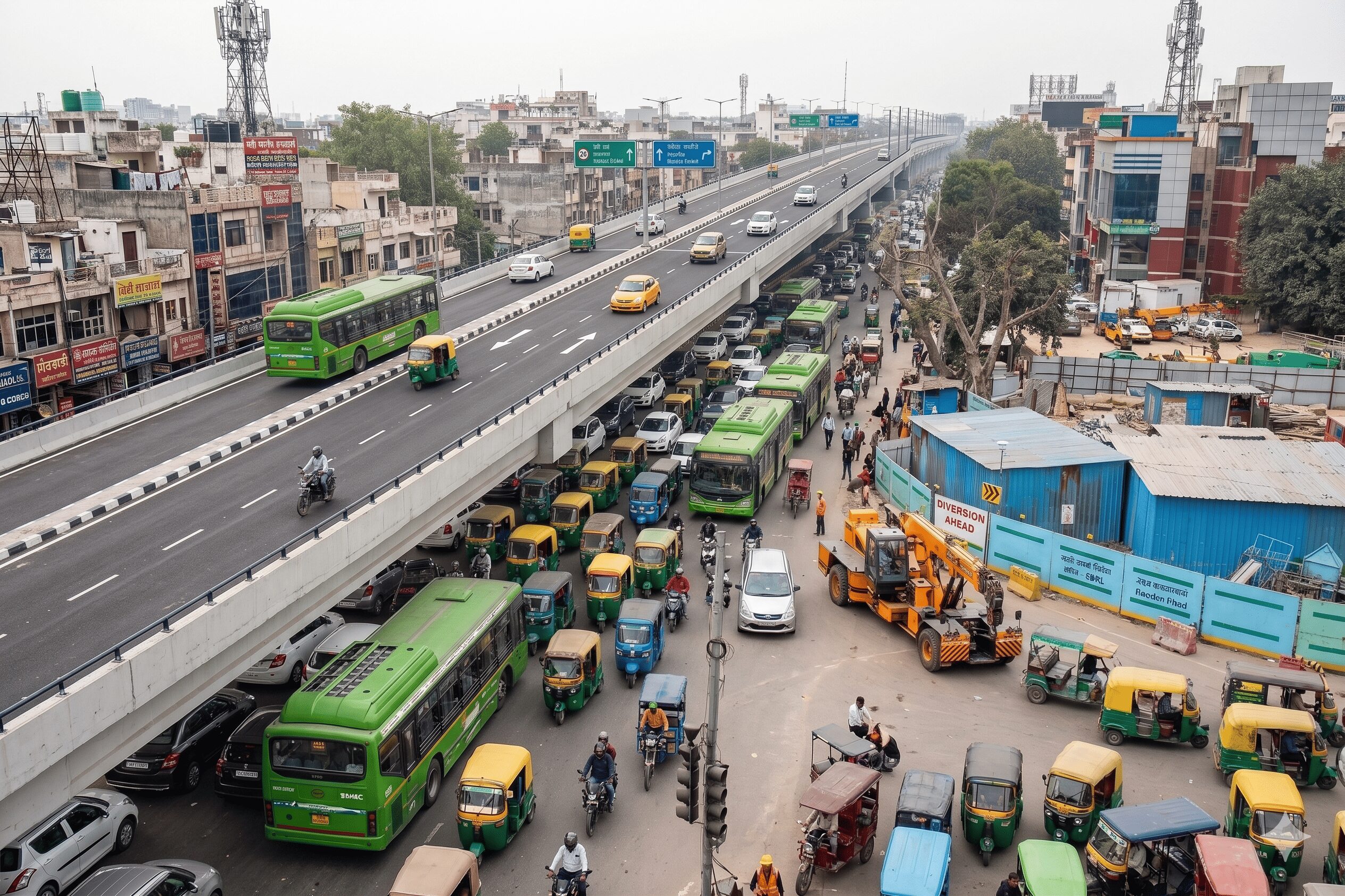 インド大都市の道路俯瞰風景。高架道路の下を車・バス・オートリキシャ・バイクが入り混じって走る渋滞シーン